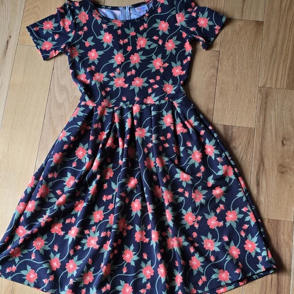 LulaRoe | Floral | Black & Orange | Amelia Dress Small - Picture 3 of 11